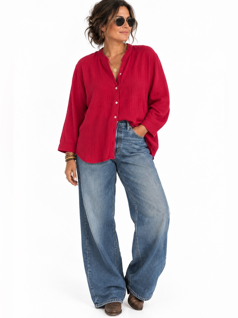 Soft Surroundings Red Jodi 100% Cotton Gauze Button Front Casual Top Pockets XL